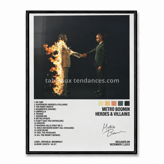 Tableau musical encadré Heroes & Villains de Metro Boomin avec scène sombre et tracklist.