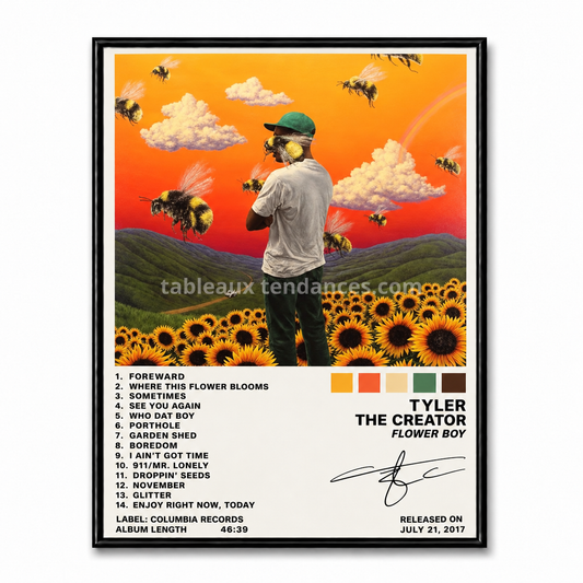 Tableau musical encadré Flower Boy de Tyler The Creator avec tournesols, ciel orange et tracklist.