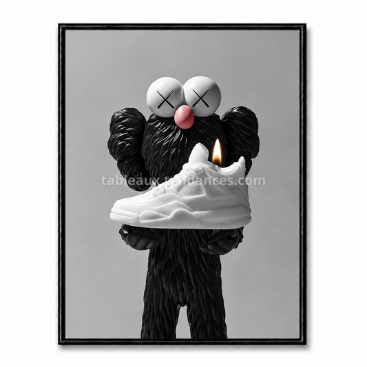 Tableau Kaws street art avec personnage noir texturé présentant une sneaker blanche avec une flamme.
