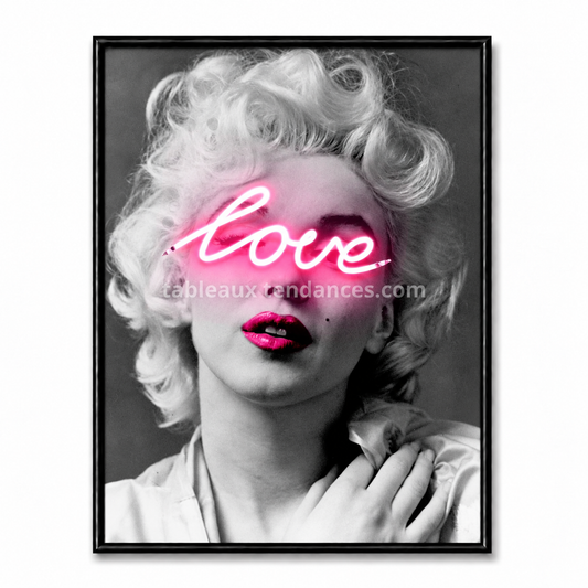 Tableau Marilyn Neon Love — portrait noir et blanc avec néon rose Love