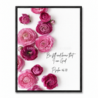 Tableau chrétien Be still and know that I am God avec fleurs roses et référence Psalm 46:10.