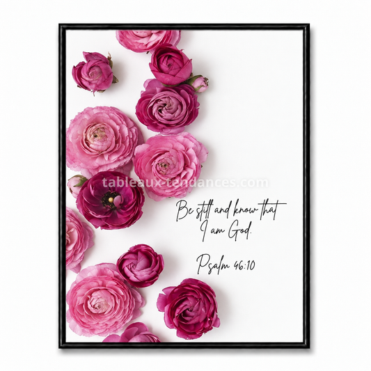 Tableau chrétien Be still and know that I am God avec fleurs roses et référence Psalm 46:10.