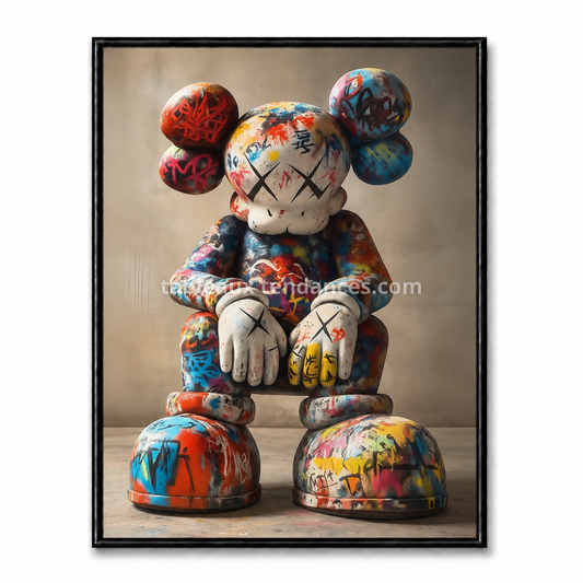 Tableau street art représentant une figurine Companion assise recouverte de graffiti multicolores.