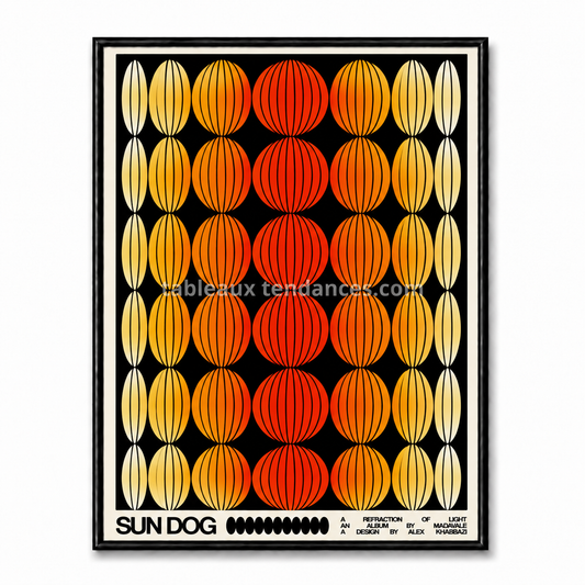 Tableau géométrique rétro Sun Dog orange rouge noir encadré