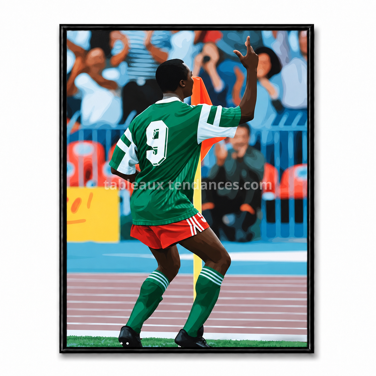 Tableau joueur des Lions Indomptables en maillot vert numéro 9