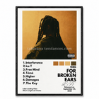 Tableau Tems For Broken Ears encadré noir, portrait sur fond ambré et composition graphique de l’album.